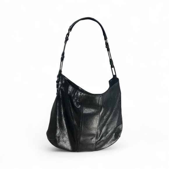 Tory Burch Black Crackled Leather Hobo Bag Gunmetal Hardware - Picture 1 of 16